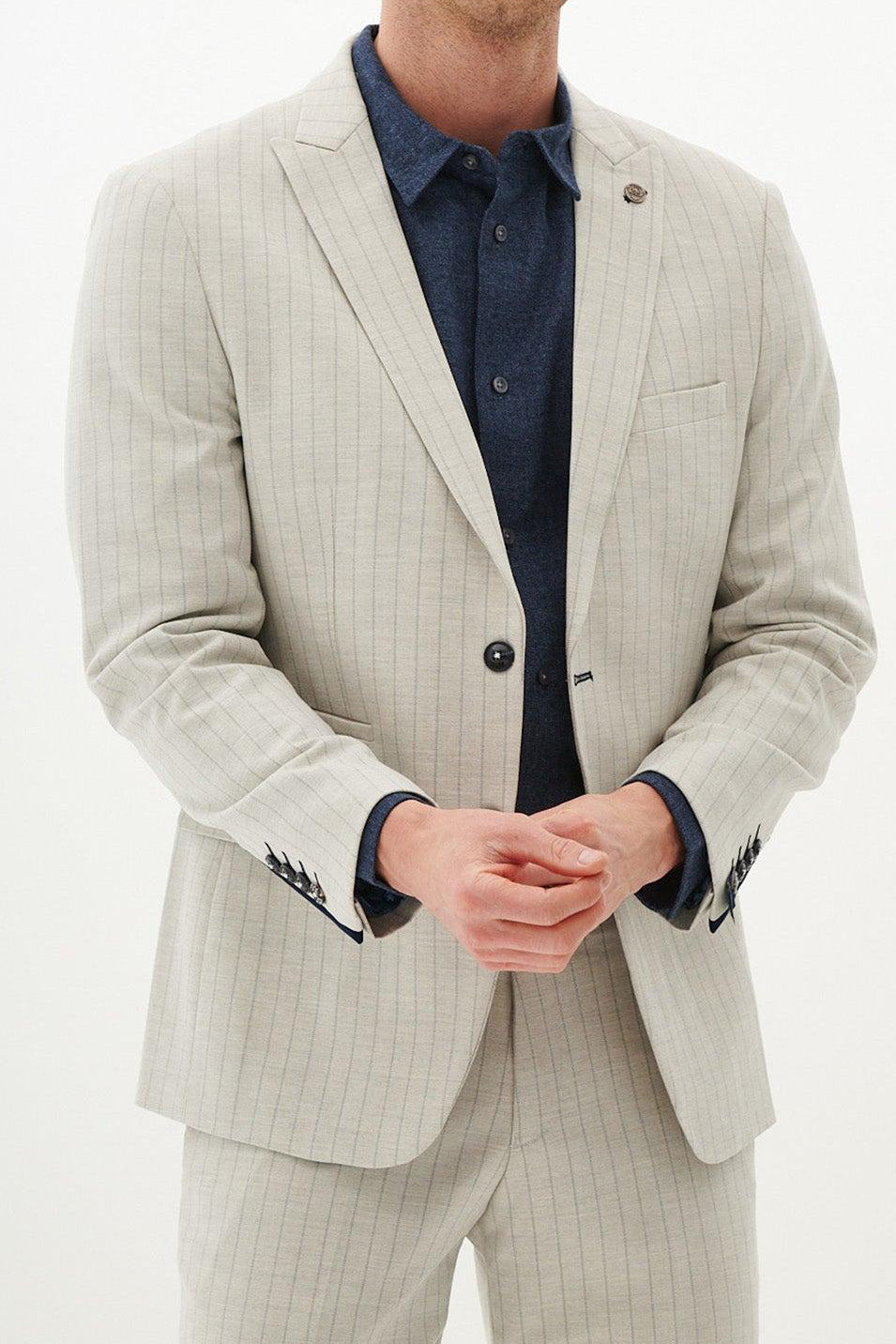 Marc Darcy Grant Single Breasted Two Piece Pinstripe Suit - Stone