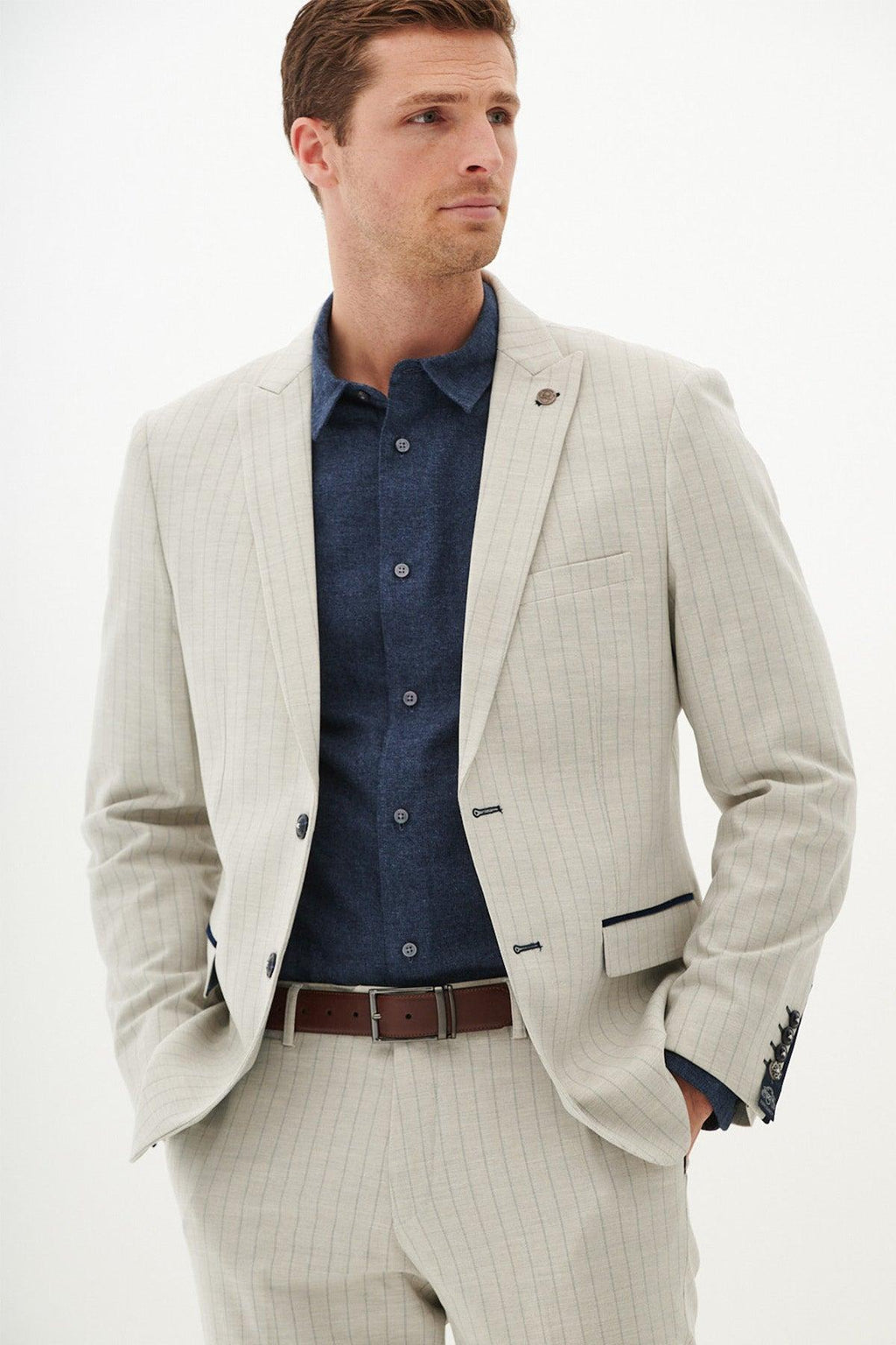 Marc Darcy Grant Single Breasted Two Piece Pinstripe Suit - Stone