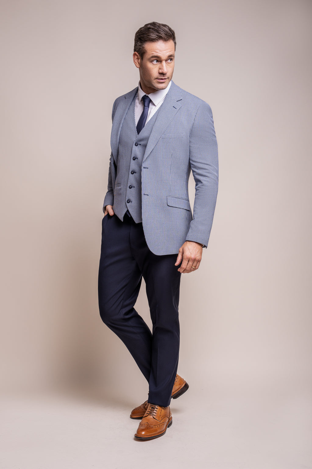 Cavani Baresi Three Piece Suit - Check Blazer & Waistcoat with Navy Trousers