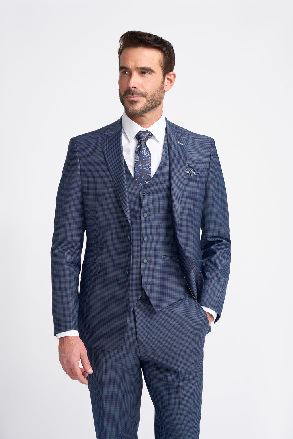 Cavani Bond Three Piece Single Breasted Suit - Navy Checked