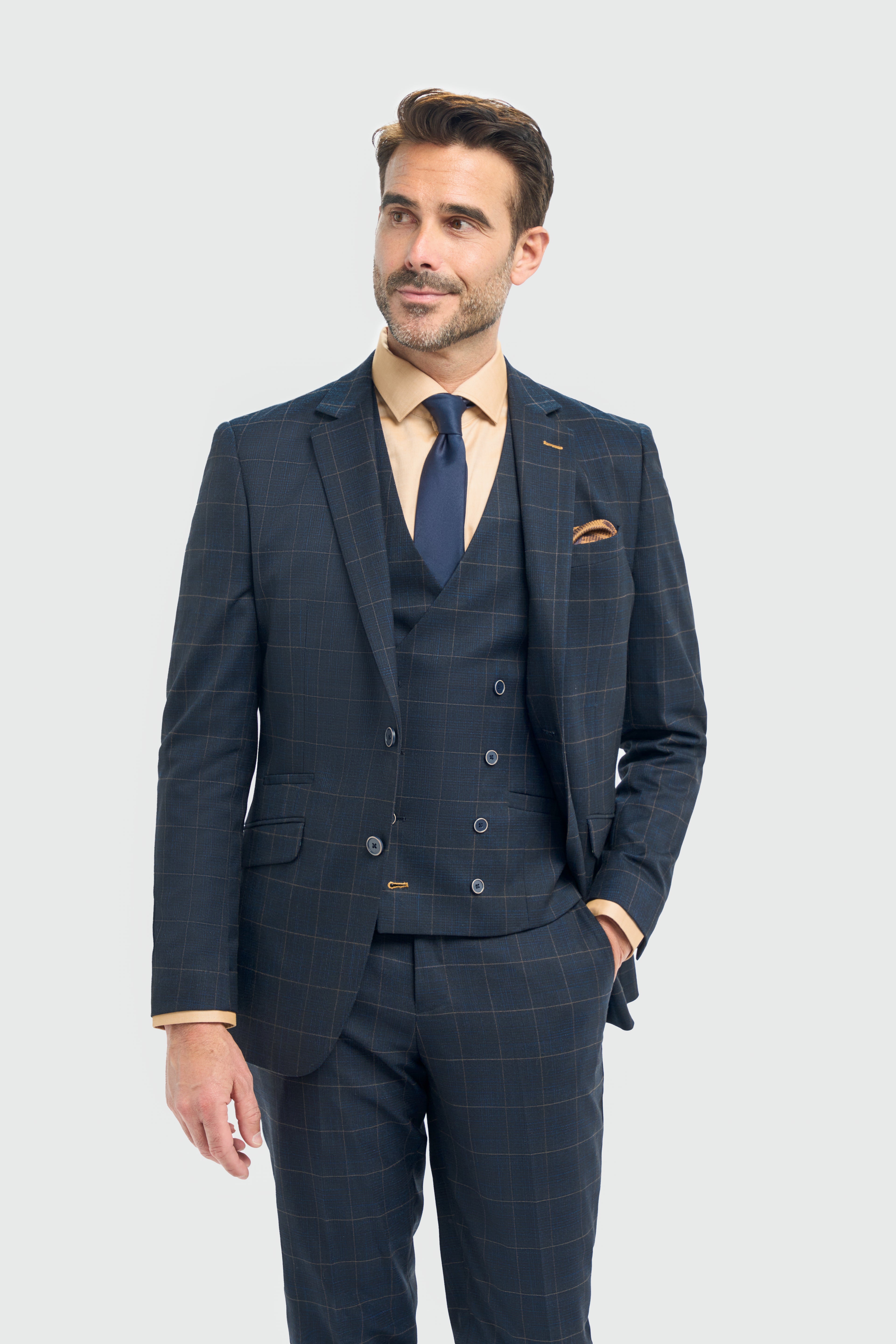 Cavani Torino Three Piece Suit with Double Breasted Waistcoat - Navy
