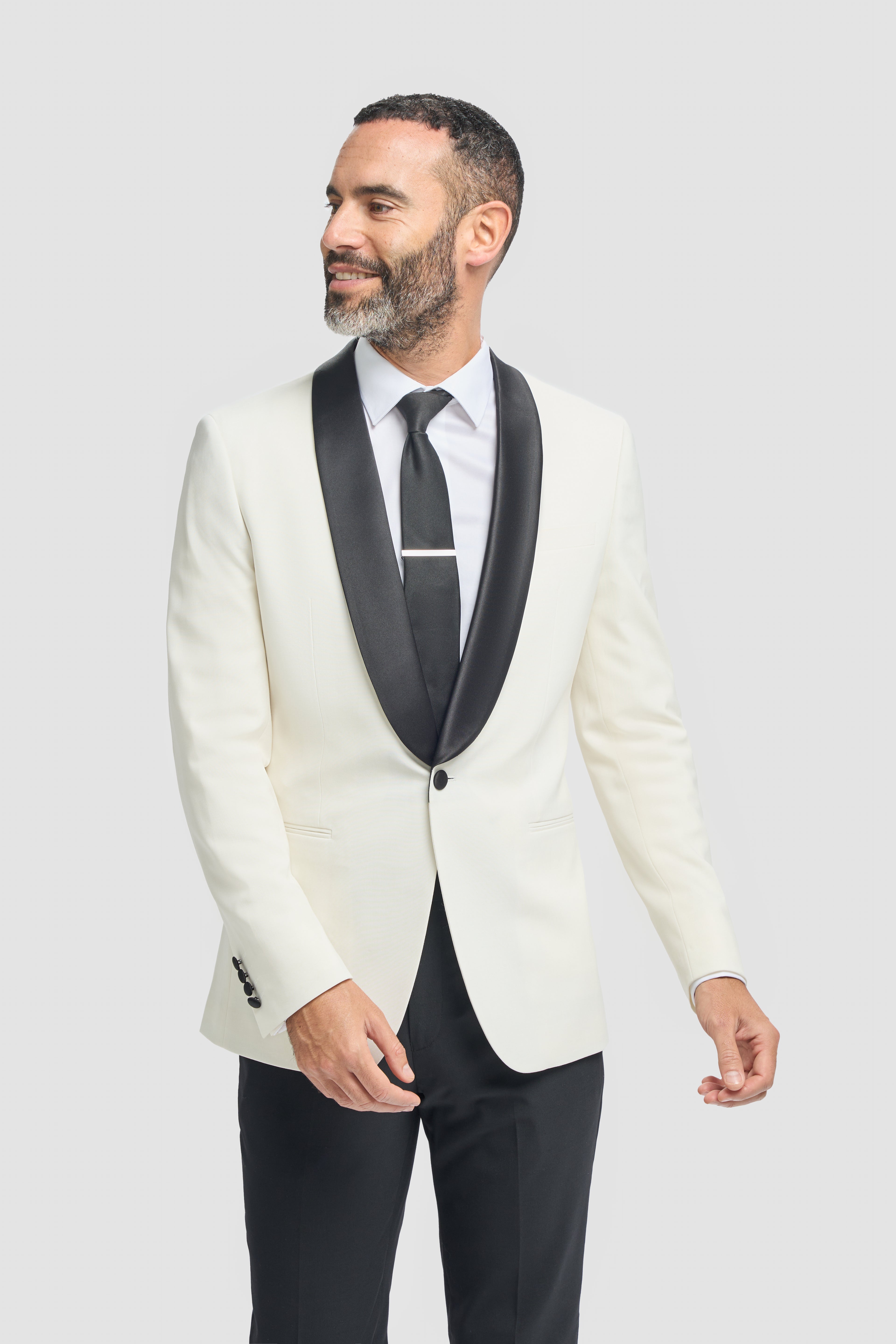 Cavani Aspen Single Breasted Dinner Suit Ecru Blazer with Black Trousers With Satin Tape